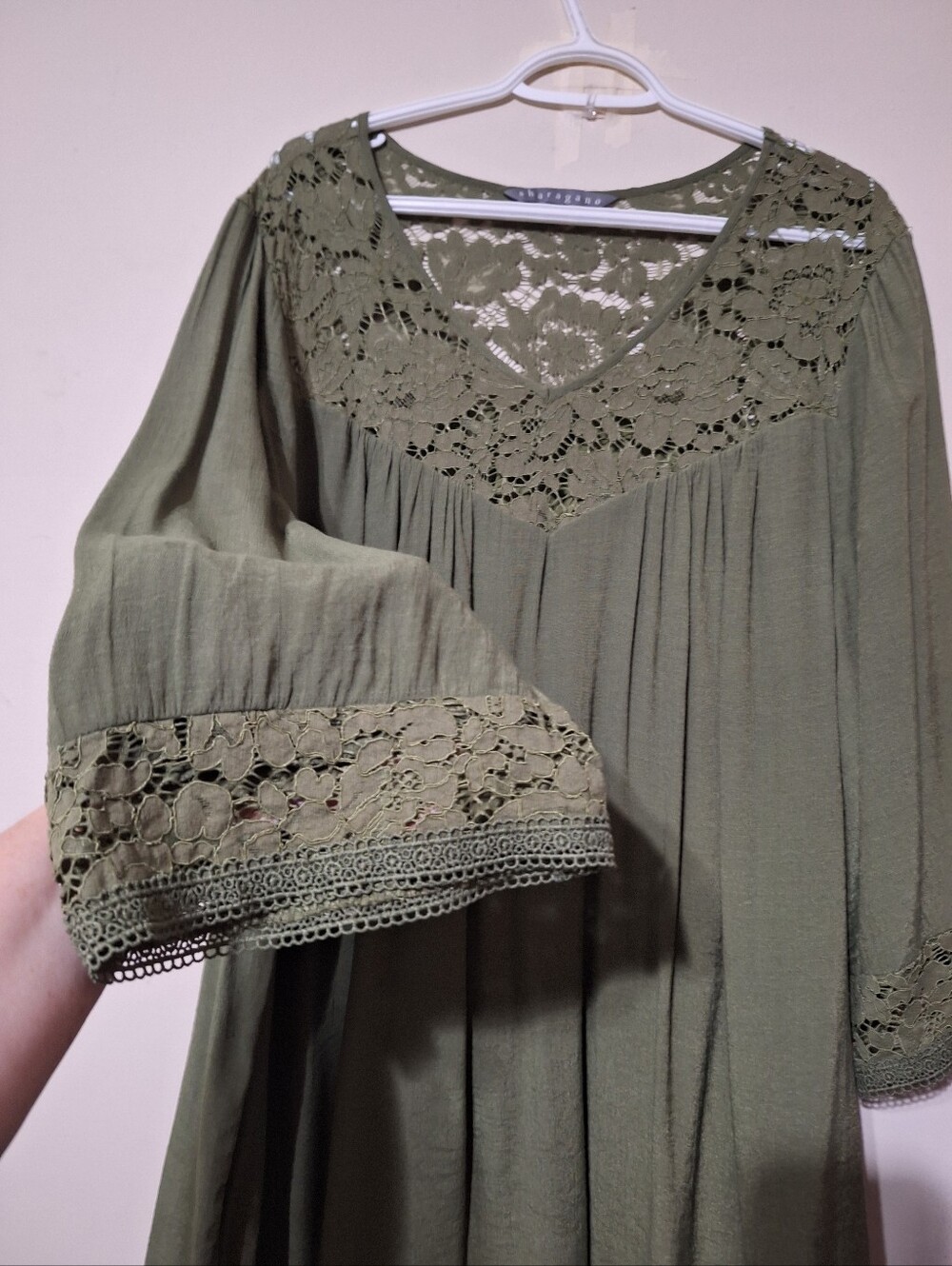 Sharagano Olive Green Floral Lace Yoke Flowy Boho Tunic Dress Plus Size 3X - Picture 6 of 9